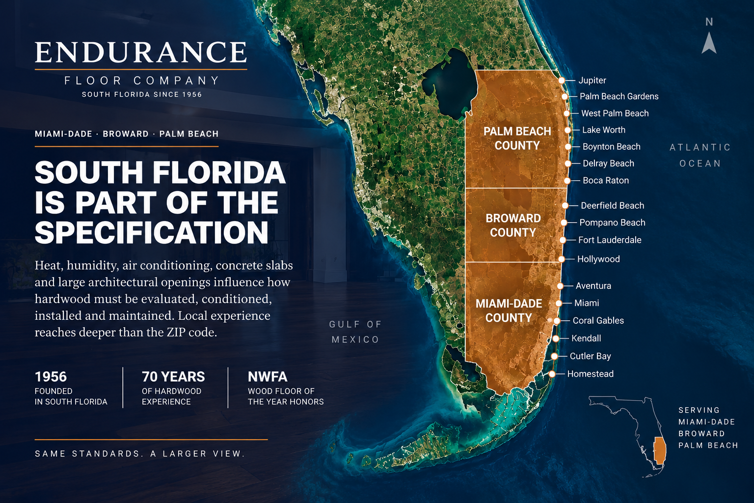 Endurance Floor Company South Florida service area map showing Miami-Dade, Broward and Palm Beach counties